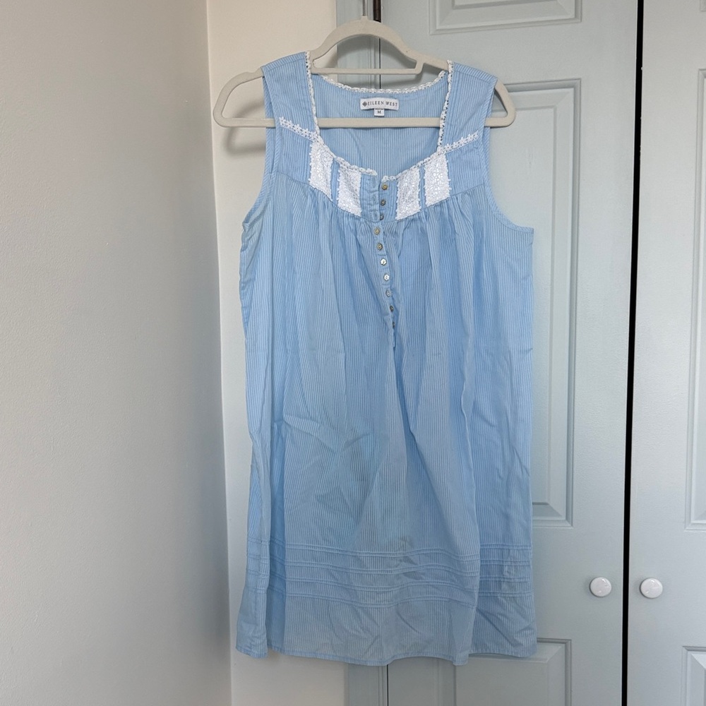 Eileen West - Nightgown - Medium - Blue Crochet Lace Trim Cotton
